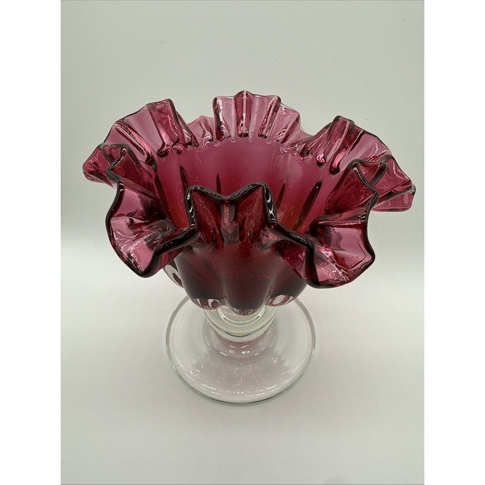 Vintage Cranberry Glass Ruffle Crimped Pedestal Vase Bowl Candy Dish 6"